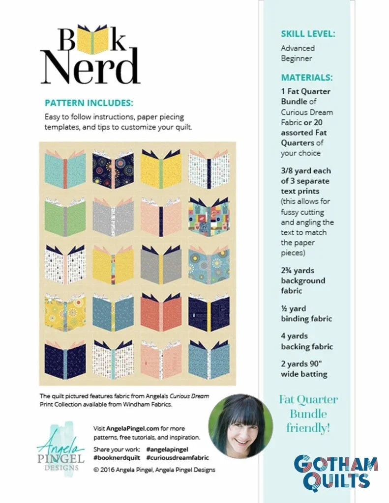 Quilt pattern book cover with Book Nerd title and pieced blocks thumbnails
