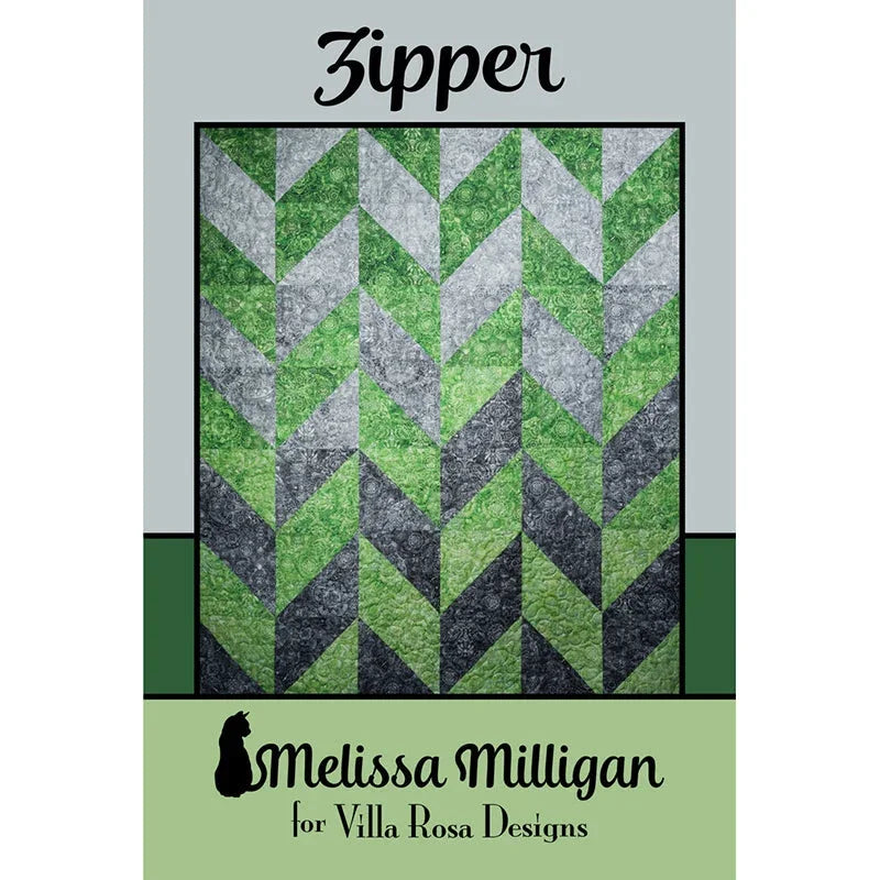Zipper quilt pattern with chevron triangles in green and gray
