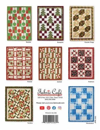 Patchwork quilt pattern page with nine square designs in red, green, brown and blue