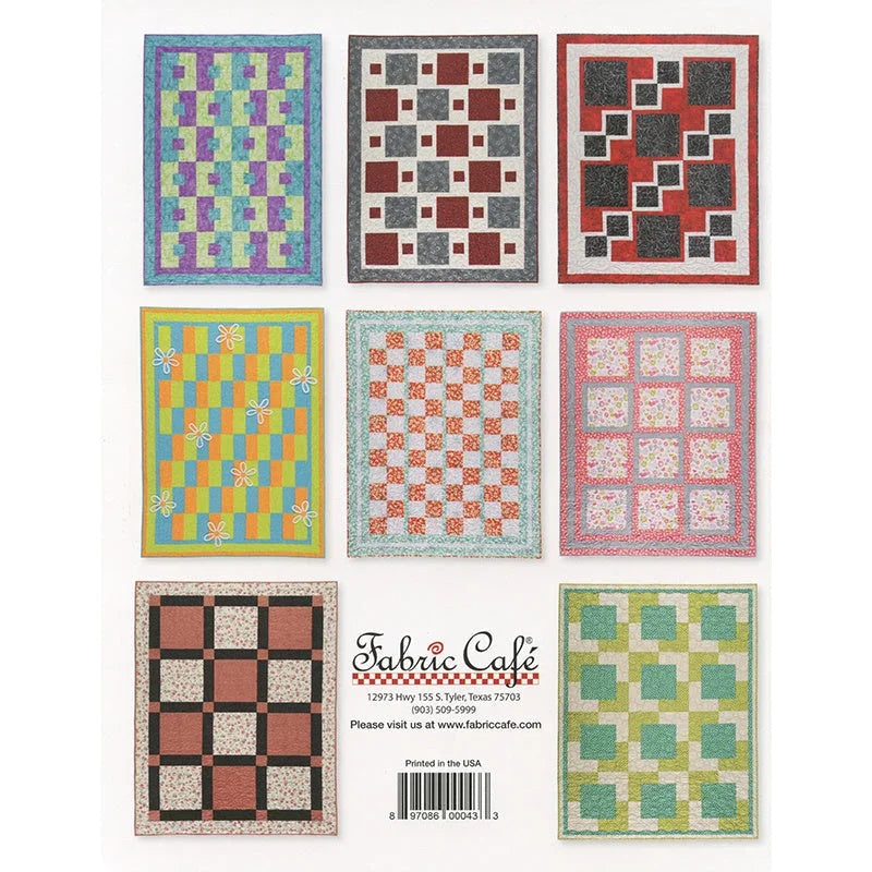 Quilt pattern guide pages showing six patchwork quilt square designs in multicolor