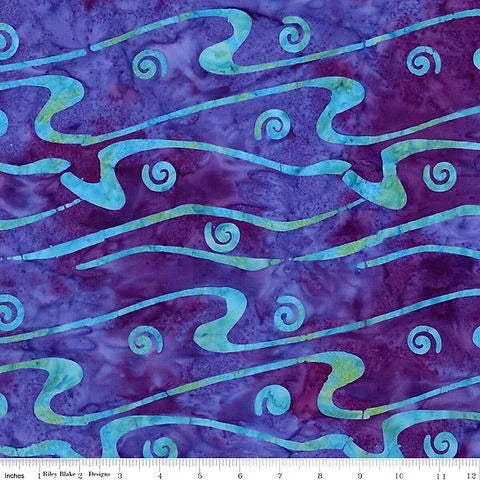 Purple batik fabric with teal wave and swirl pattern, close-up texture view