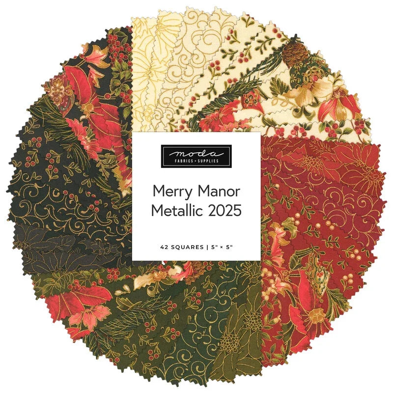 Quilt charm pack fabric squares, 5 in, floral metallic red green cream assortment
