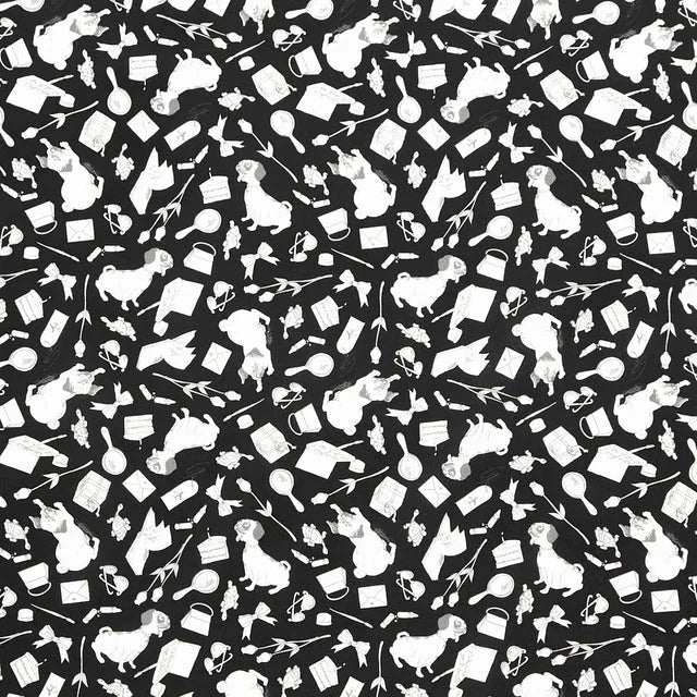 Black and white favorite things print fabric with assorted icon silhouettes