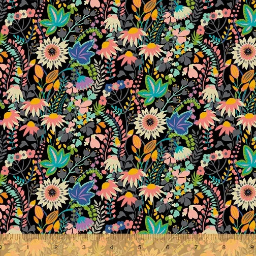 Floral cotton fabric with colorful botanical print on dark background