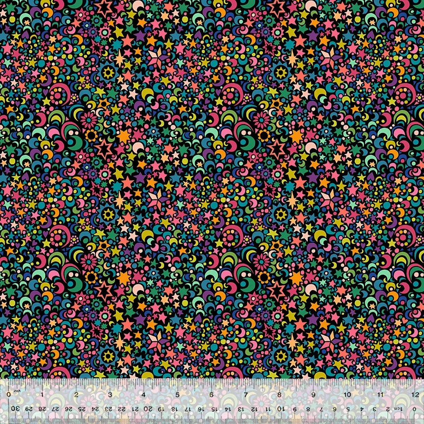 Multi-color printed fabric with star and swirl motifs, dark background