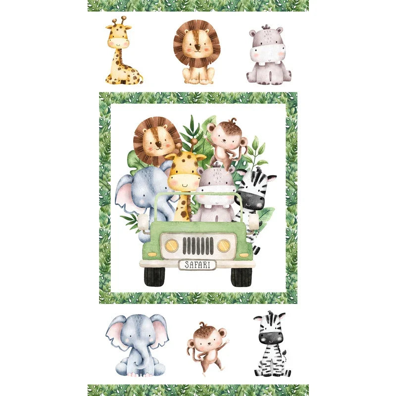 Safari animal fabric panel with elephant, lion, zebra, giraffe, and safari truck