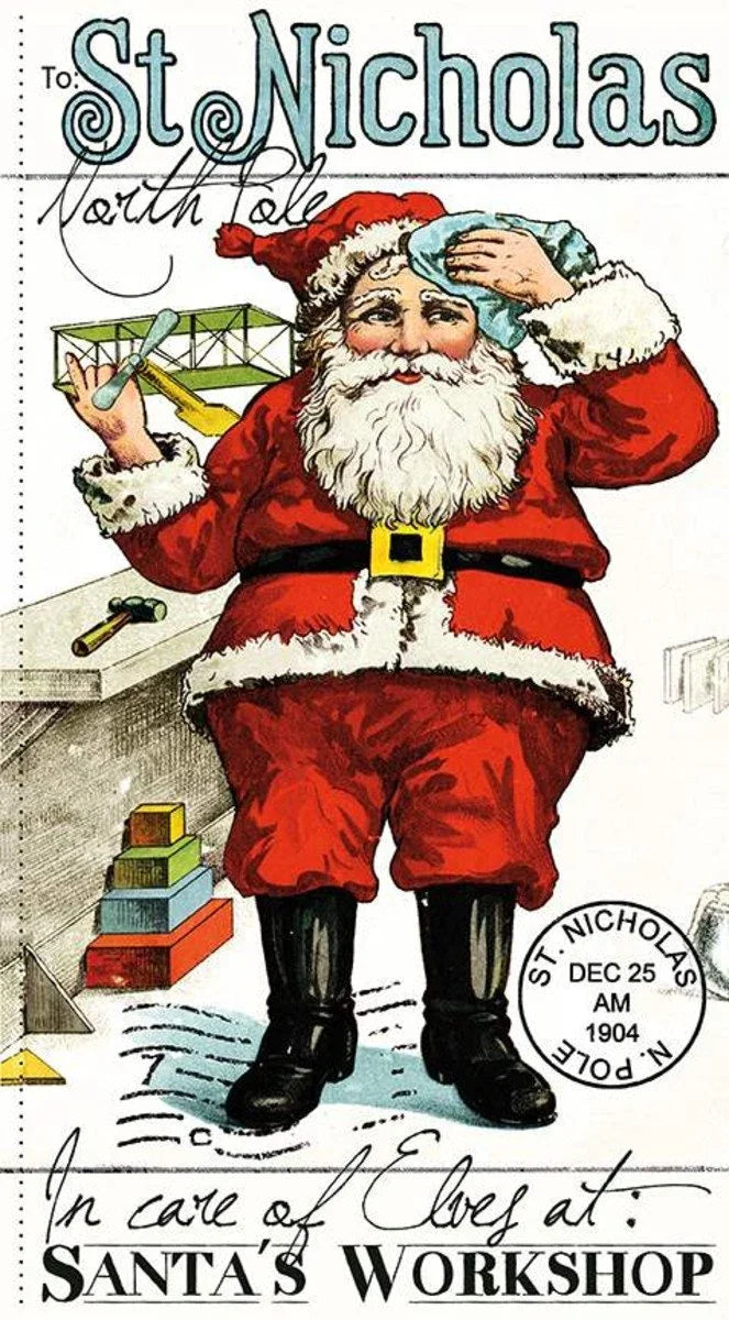 St. Nicholas panel with illustrated figure in red coat holding a stack of papers