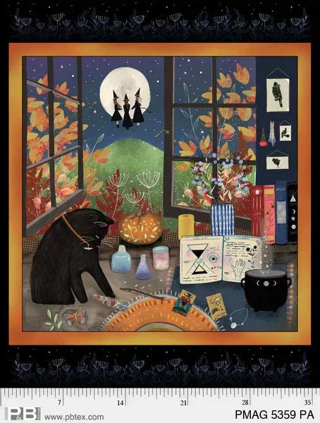 Witches spells decorative fabric panel in orange frame with black cat, candles, cauldron