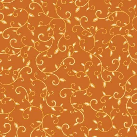 Orange decorative scroll-vine pattern fabric swatch with gold curls