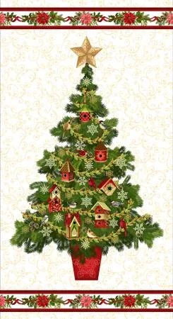 Cream Christmas banner panel with decorated tree in red and green, star topper