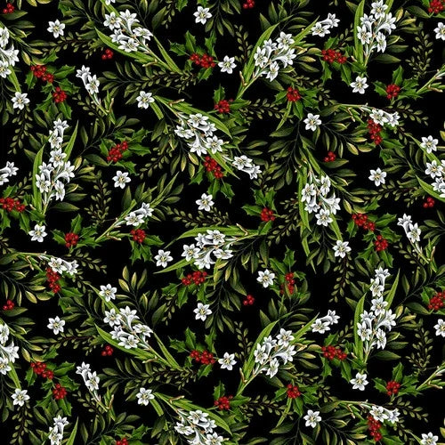 Black floral fabric with white stefanotus flowers and red berry sprigs
