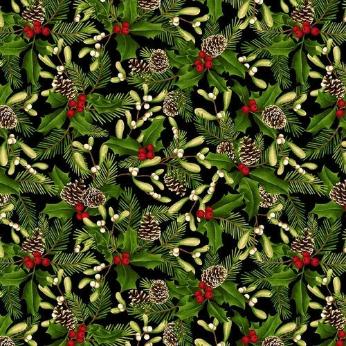 Holiday holly and mistletoe fabric pattern with pine sprigs, pinecones, red berries on dark base