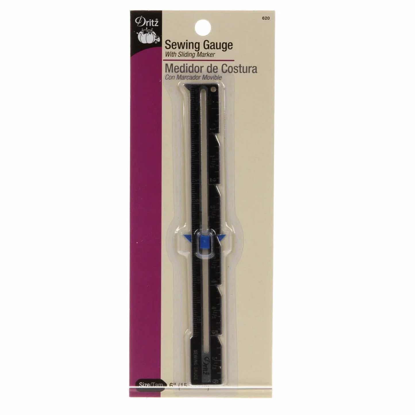 Dritz 6 in sewing gauge with sliding marker, black tape measure with inch and metric markings