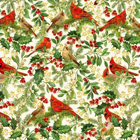 Cream fabric with red cardinals on pine branches and berries