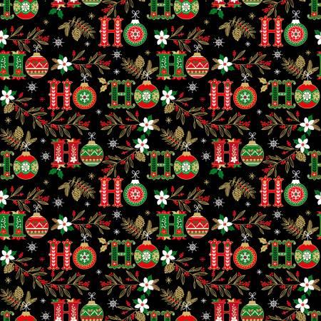 Black Christmas fabric with HoHo text, wreath ornaments, and red green floral details