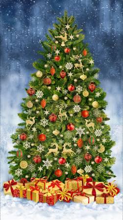 Decorated Christmas tree with colorful ornaments and wrapped gifts