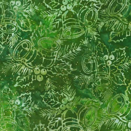 Green batik fabric with abstract circular and dot motifs