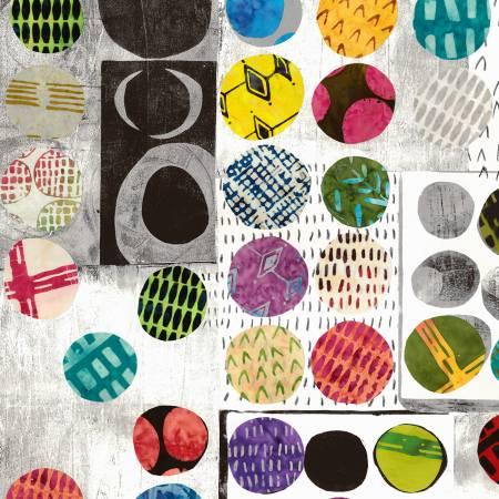 Abstract quilt fabric with multicolor circles on light background, wide back yardage
