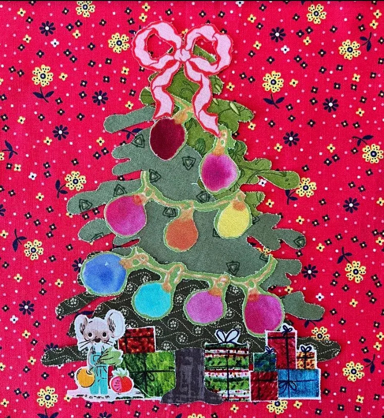 Christmas tree collage pattern featuring ornaments, wrapped gifts, and multicolor block patches