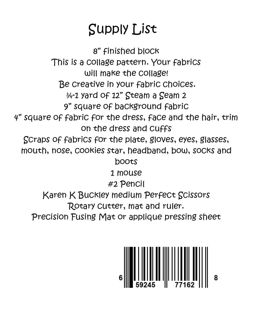 Collage pattern supply list sheet with fabric, yardage, and cutting requirements