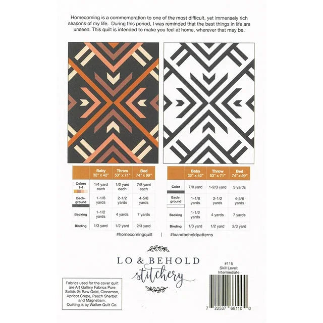 Quilt pattern page with two chevron swatches: dark coral/orange left, black and white right