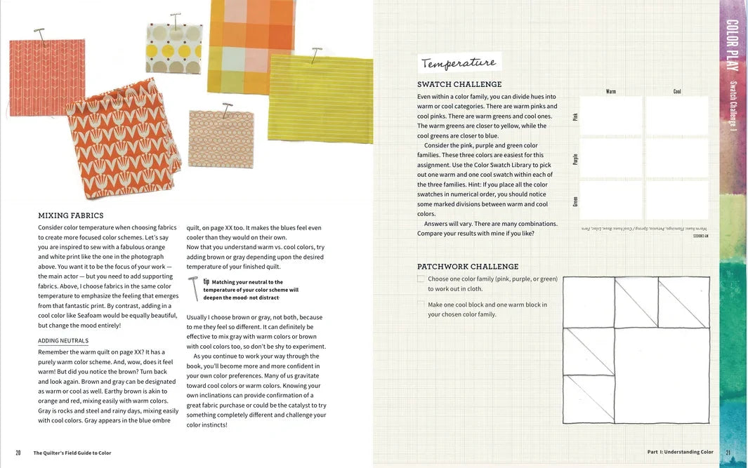 Color workbook open spread with fabric swatches and patchwork challenge diagram grid