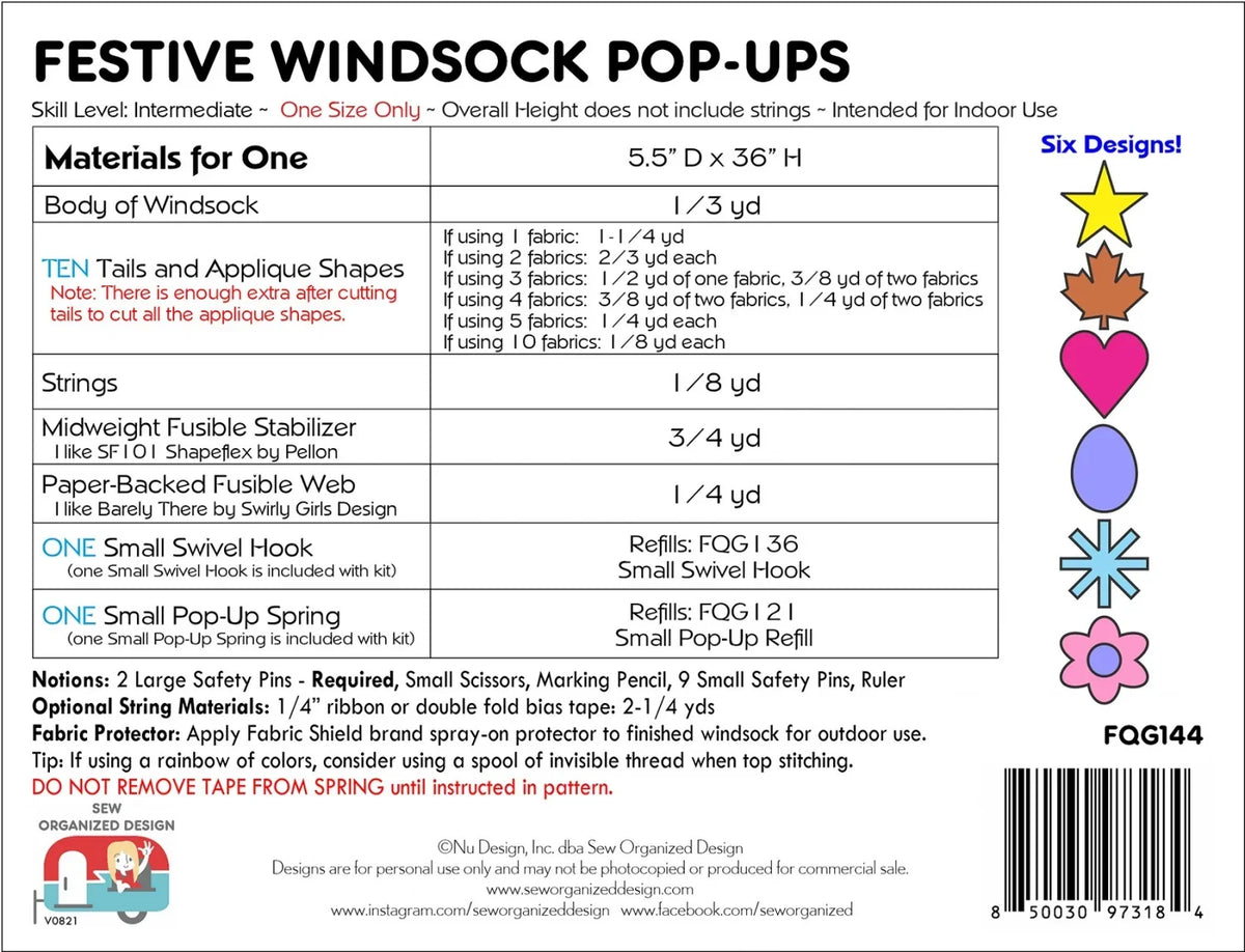 Festive windsock pop-ups kit back panel with materials list and design icons