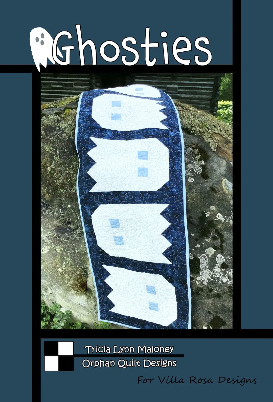 Ghosties quilt table runner pattern cover with stacked white ghost shapes on dark blue