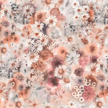 Coral pink floral allover wide back fabric with daisies and blossoms on light ground.