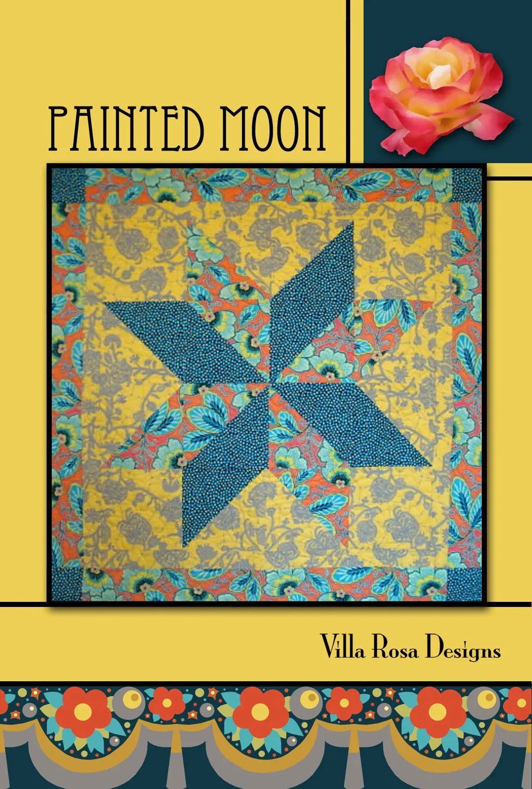 Painted Moon quilt pattern by Villa Rosa Designs with blue and multicolor fabric blocks