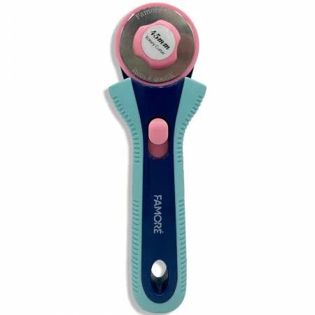 Rotary cutter handle with 45mm circular blade, teal and dark blue