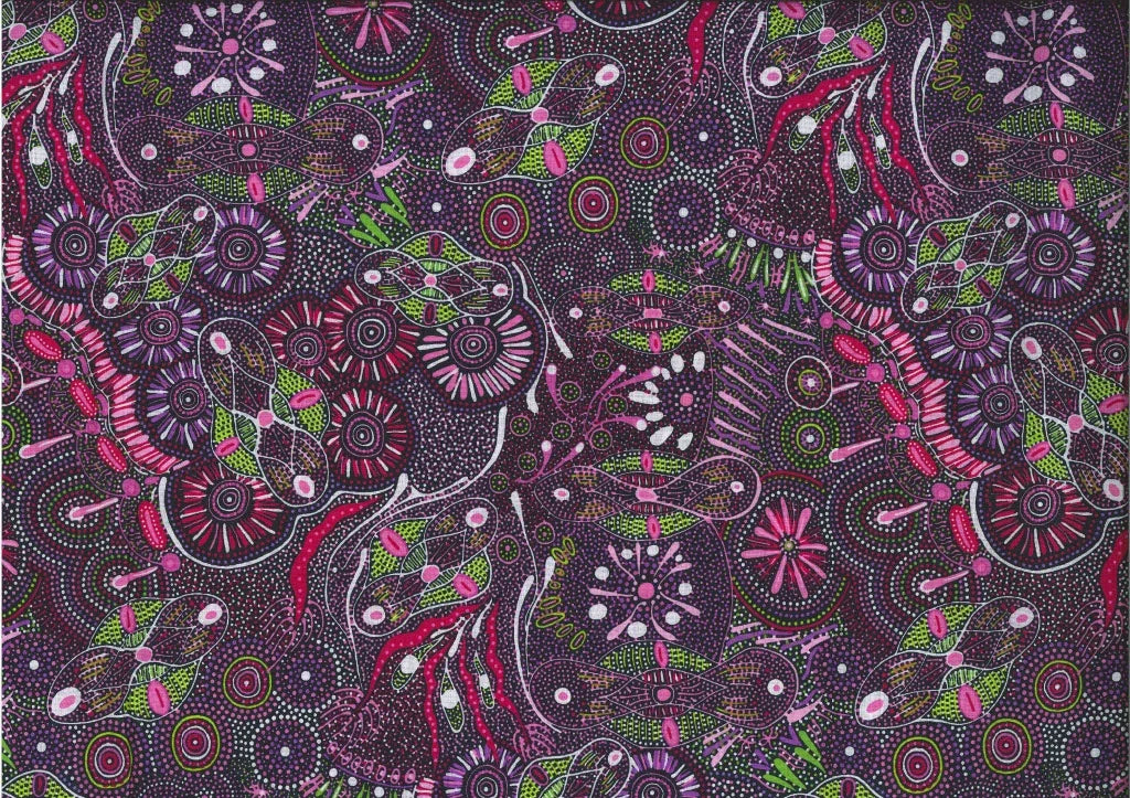 Purple patterned fabric with intricate dots and floral motifs