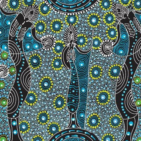 Blue patterned fabric with abstract figures, circular dot details, and striped accents