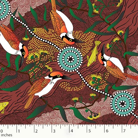 Decorative patterned fabric with white birds, teal dotted rings, and multicolor swirls