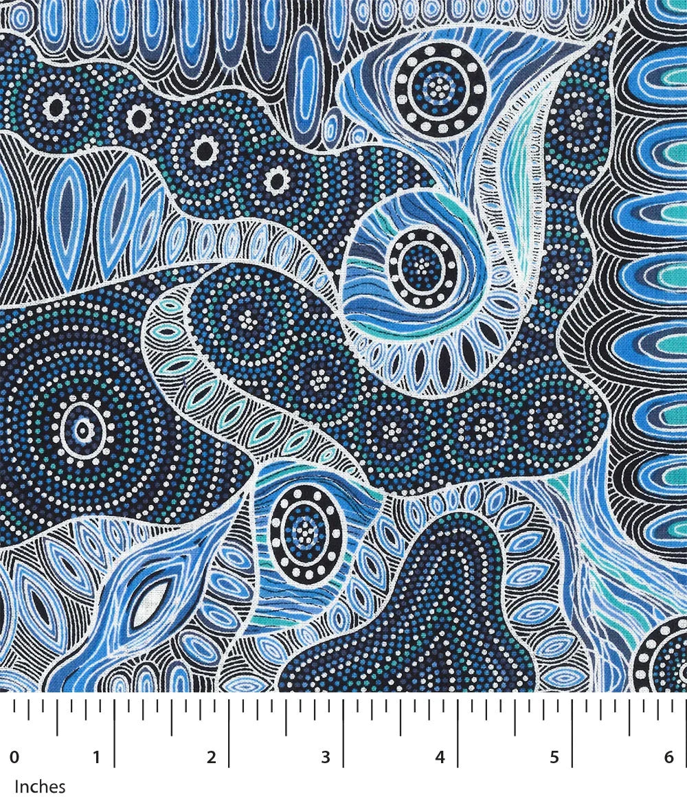 Blue and teal fabric with concentric dot circles, feather shapes, and linework motifs
