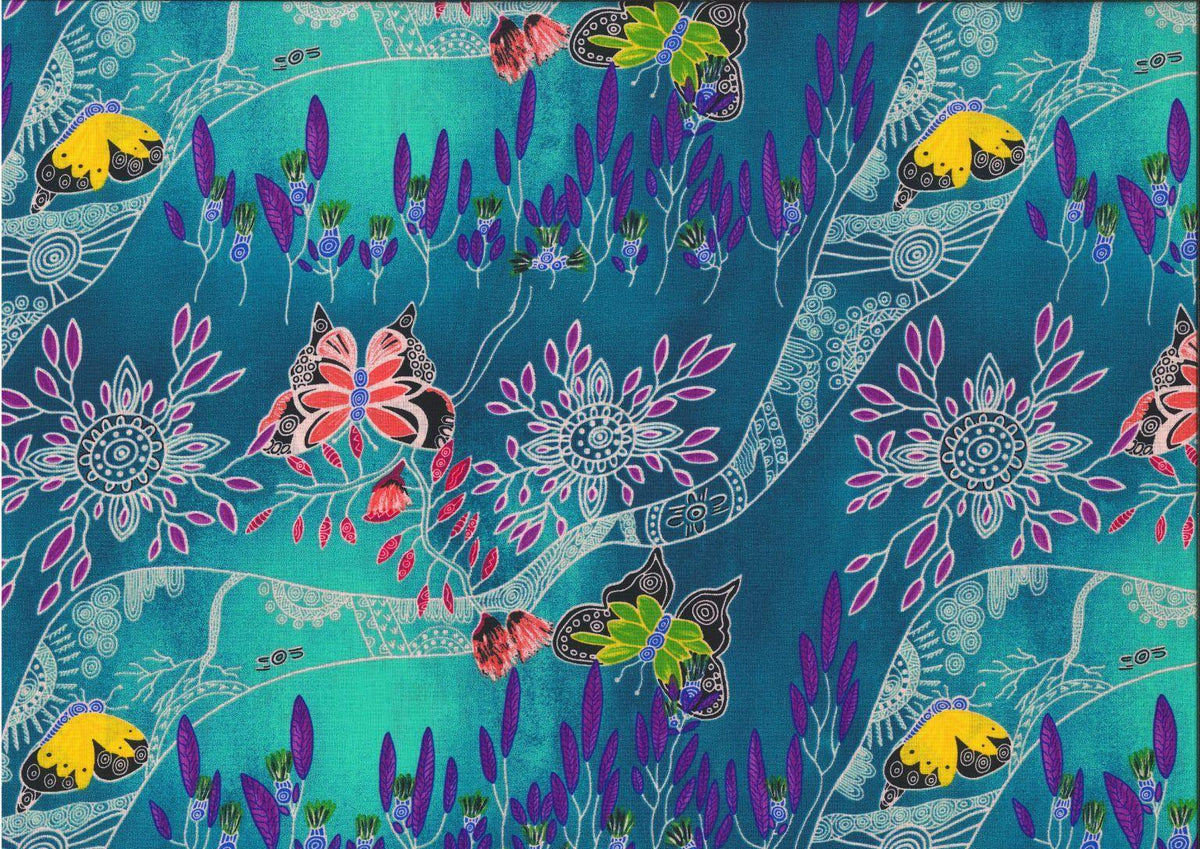 Floral and butterfly fabric with teal background and purple stems