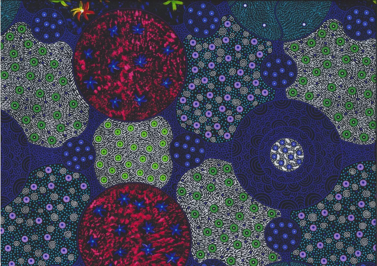 Wild bush tomato and apple print fabric, navy base with green and purple circles