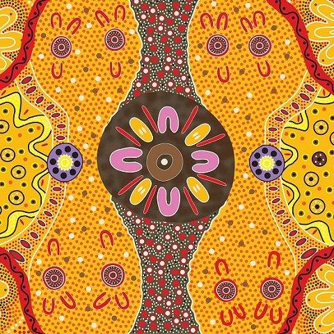 Gold patterned dress with geometric motifs and circular medallion details