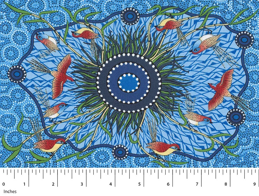 Blue printed fabric with fish and floral circular motifs