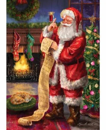 Christmas Santa's list fabric panel with Santa in red holding scroll