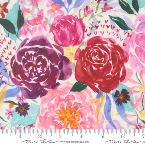 Pink and purple floral quilting fabric with rose and leaf print