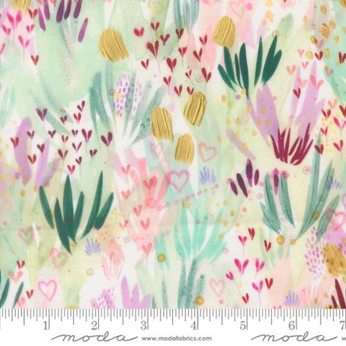 Colorful floral printed fabric with hearts, tulips, and leaf shapes