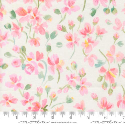 Pink floral cotton fabric with small blooms and green leaves on light background