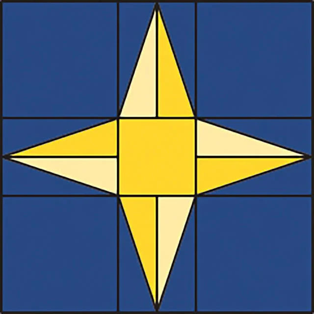 Quilt block card with blue background and yellow star points