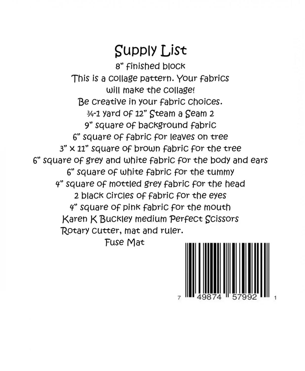 Printed supply list for collage fabric pattern, showing yardage and materials