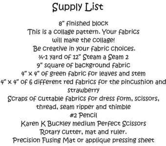 Supply list page with headings and text for a collage patchwork project