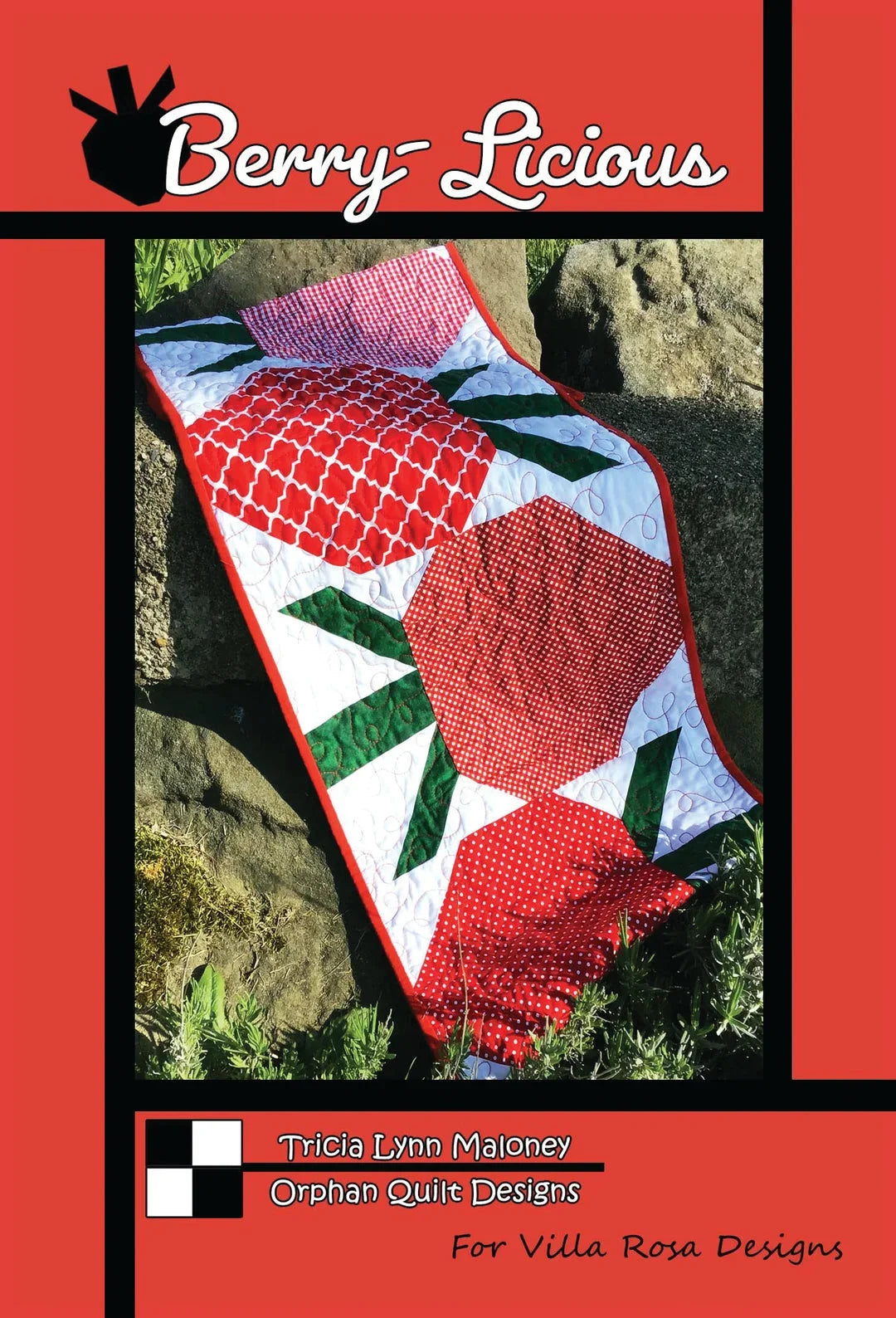Tablerunner quilt pattern cover with red, white, and green geometric runner