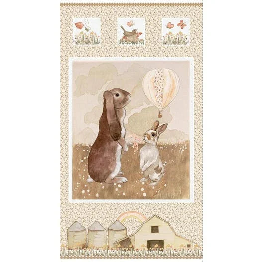 Multi-block quilt panel with bear and rabbit illustration squares and house scene