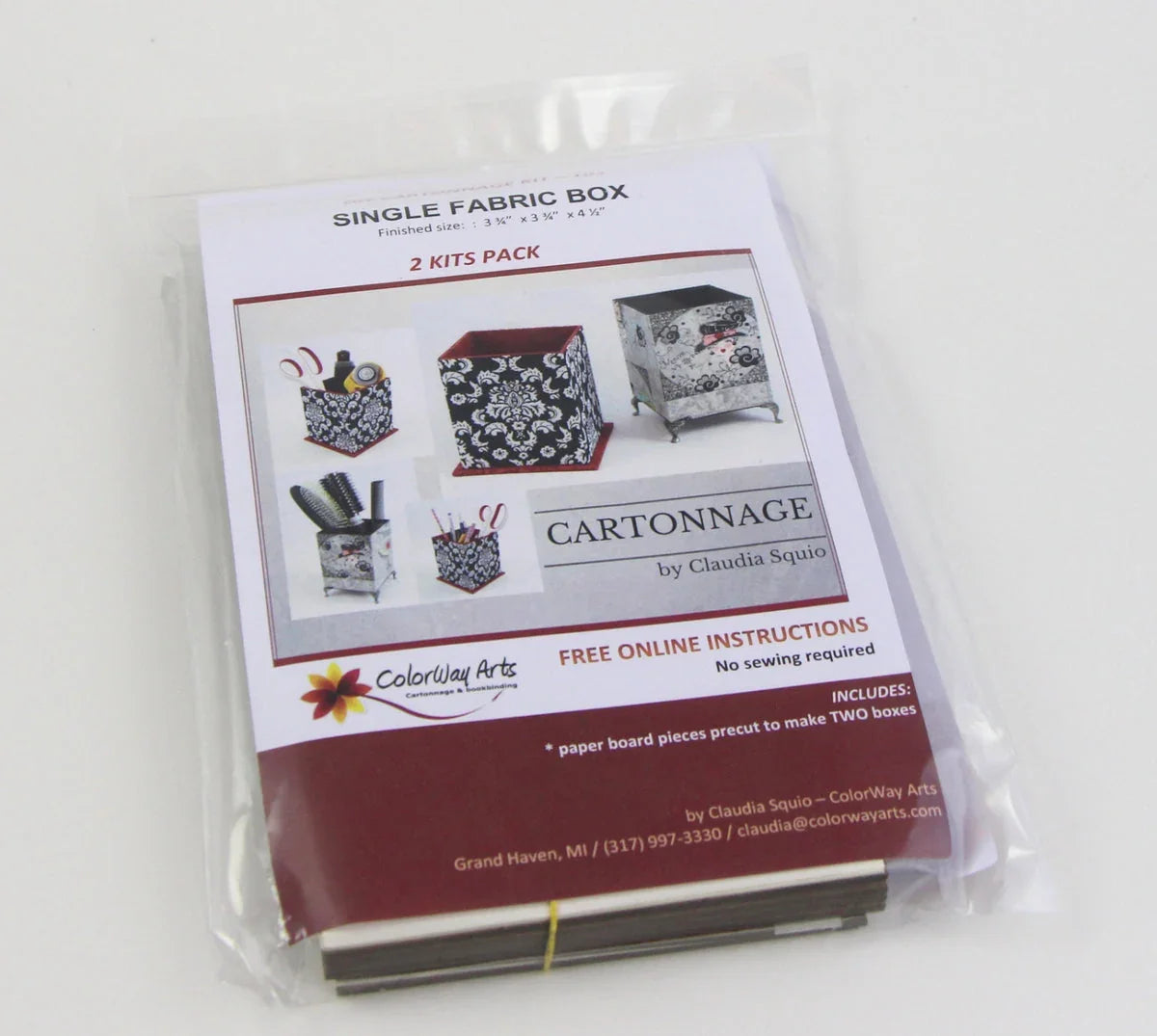 Packaged cartonnage fabric box DIY kit with paper board pieces and instructions