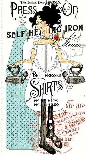 Quilt fabric panel with vintage woman ironing and patchwork text, teal and cream print